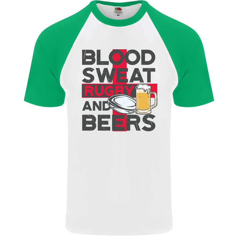 Blood Sweat Rugby and Beers England Funny Mens S/S Baseball T-Shirt White/Green
