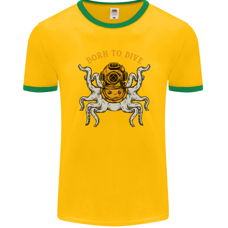 Born to Dive Octopus Scuba Diving Diver Mens Ringer T-Shirt FotL Gold/Green