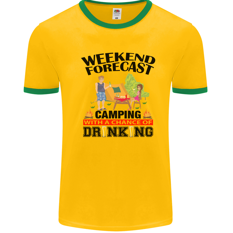 Camping Weekend Forecast Funny Alcohol Beer Mens White Ringer T-Shirt Gold/Green