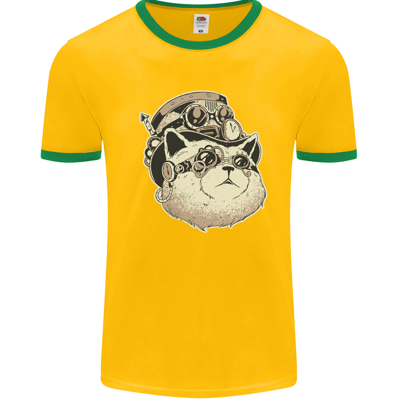 Steampunk Cat Mens White Ringer T-Shirt Gold/Green