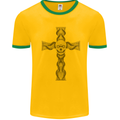 A Gothic Skull and Tentacles on a Cross Mens White Ringer T-Shirt Gold/Green