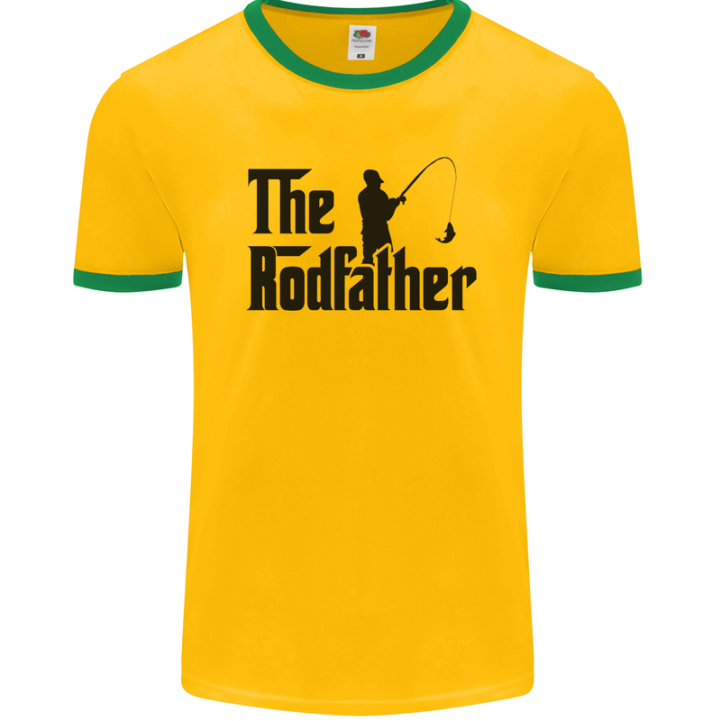 The Rodfather Funny Fishing Rod Father Mens Ringer T-Shirt FotL Gold/Green