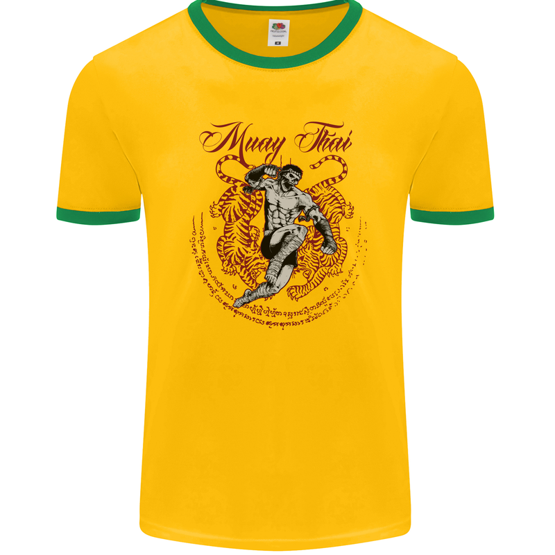 Muay Thai Tiger Warrior MMA Martial Arts Mens Ringer T-Shirt FotL Gold/Green