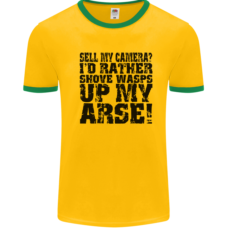 Sell My Camera? Photographer Photography Mens White Ringer T-Shirt Gold/Green