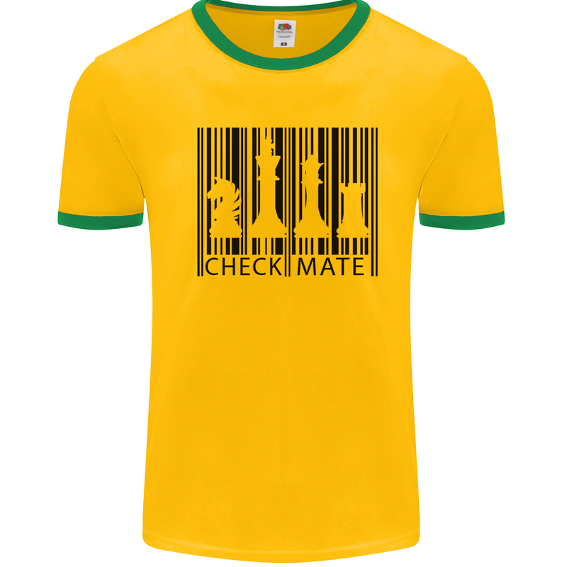 Chess Barcode Player Mens White Ringer T-Shirt Gold/Green