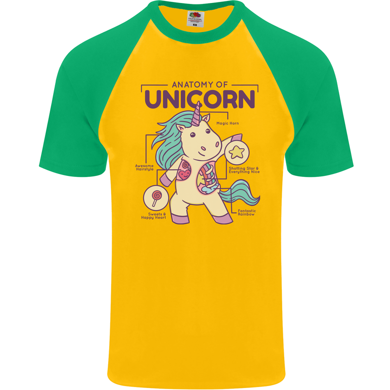 Anatomy of a Unicorn Funny Fantasy Mens S/S Baseball T-Shirt Gold/Green