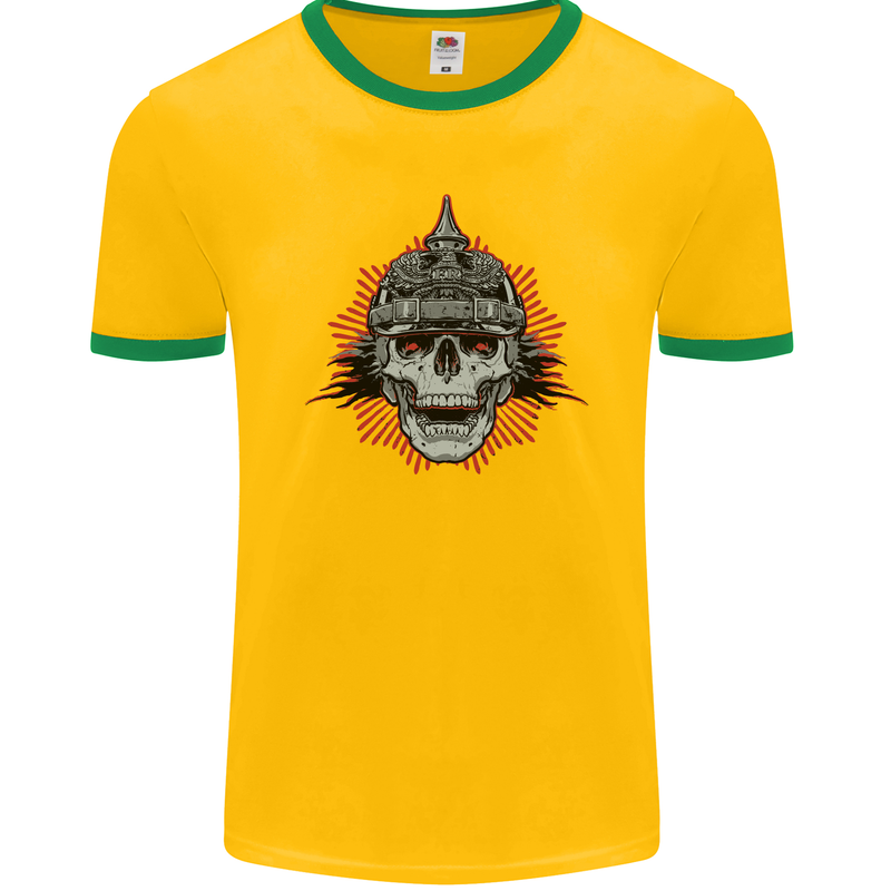 Pickelhaube Skull Prussian Helmet Biker Mens Ringer T-Shirt FotL Gold/Green