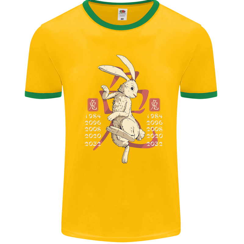 Chinese Zodiac Shengxiao Year of the Rabbit Mens White Ringer T-Shirt Gold/Green