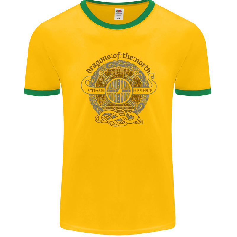 Dragons North Viking Valhalla Thor Odin Mens Ringer T-Shirt FotL Gold/Green