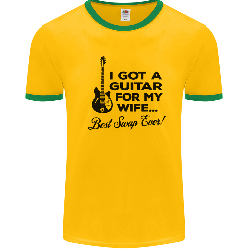 Guitar for My Wife Best Swap Ever Guitarist Mens White Ringer T-Shirt Gold/Green