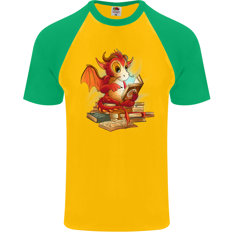 A Book Reading Dragon Bookworm Fantasy Mens S/S Baseball T-Shirt Gold/Green