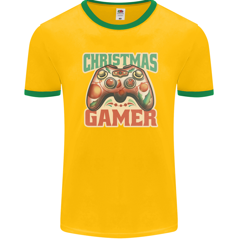 Christmas Gamer Funny Gaming Joypad Mens Ringer T-Shirt FotL Gold/Green