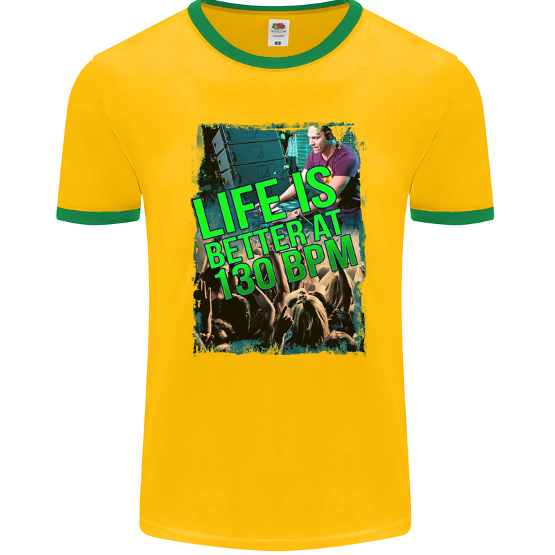 Life Is Better at 130 Bpm Dance Music DJ Mens Ringer T-Shirt FotL Gold/Green