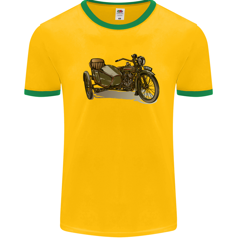 Motorcycle and Sidecar Biker Motorbike Mens White Ringer T-Shirt Gold/Green