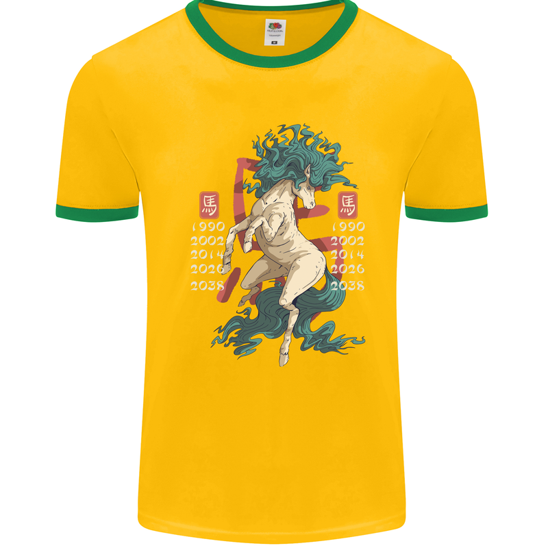 Chinese Zodiac Shengxiao Year of the Horse Mens White Ringer T-Shirt Gold/Green