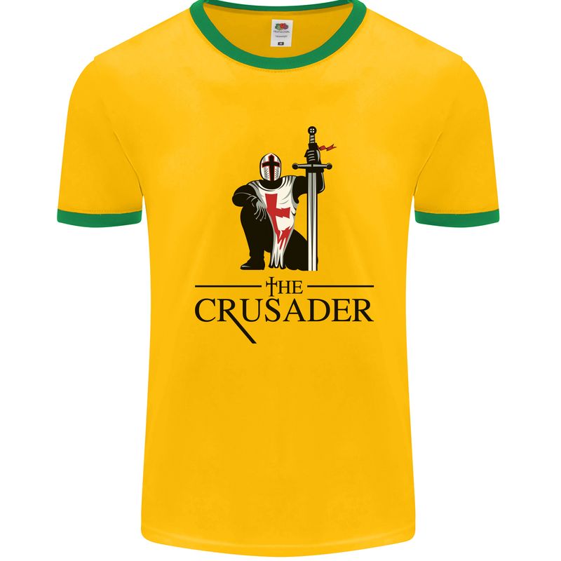 The Cusader Knights Templar St Georges Day Mens White Ringer T-Shirt Gold/Green