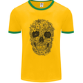 A Skull Made of Flowers Gothic Rock Biker Mens White Ringer T-Shirt Gold/Green
