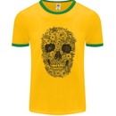 A Skull Made of Flowers Gothic Rock Biker Mens White Ringer T-Shirt Gold/Green