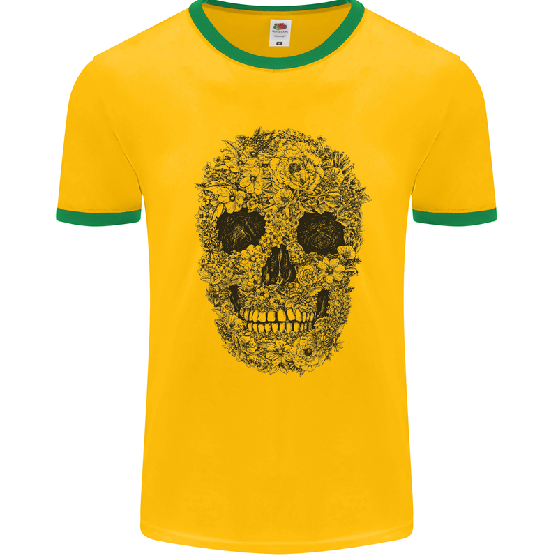 A Skull Made of Flowers Gothic Rock Biker Mens White Ringer T-Shirt Gold/Green