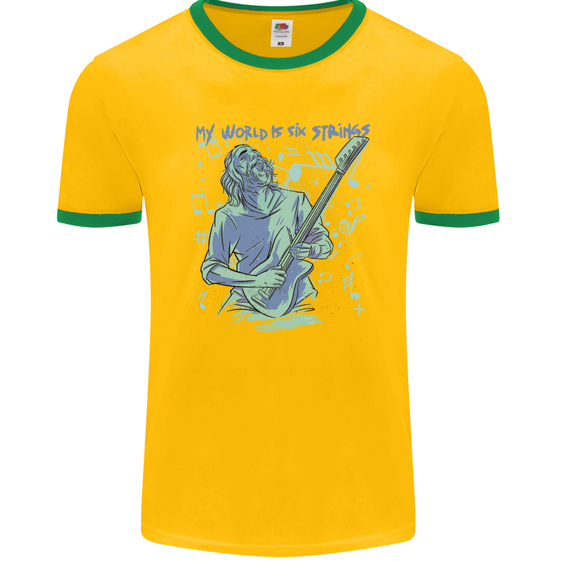 My World Is Six Strings Guitar Rock Music Mens Ringer T-Shirt FotL Gold/Green