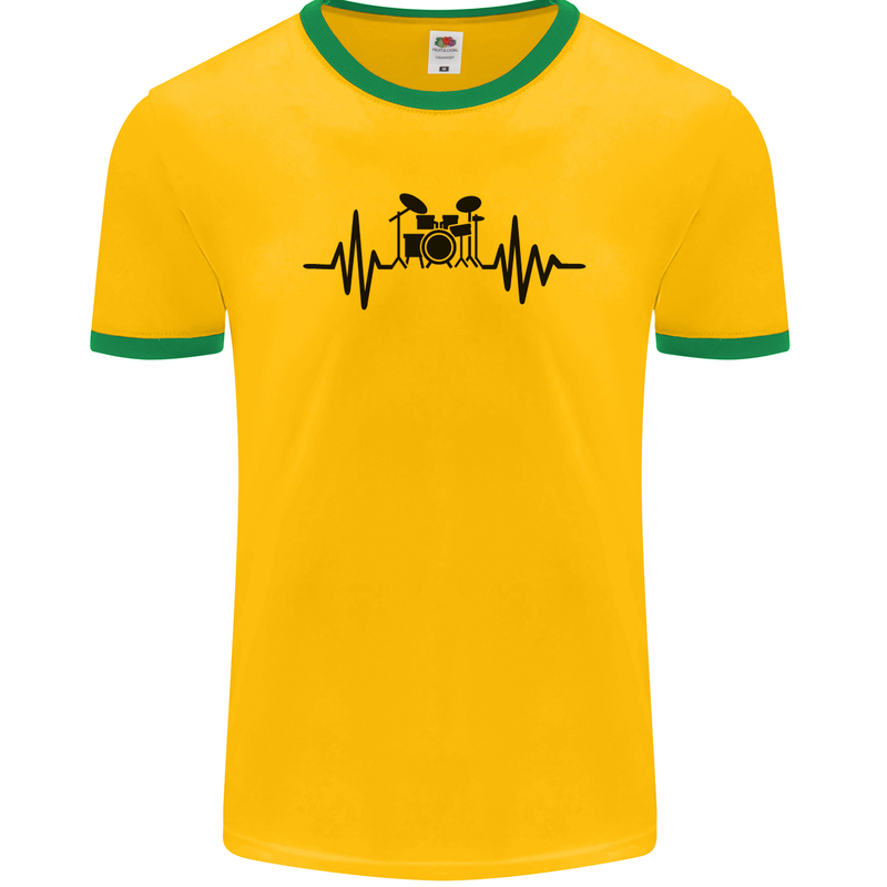 Drum Kit Pulse ECG Drummer Drumming Drum Mens Ringer T-Shirt FotL Gold/Green