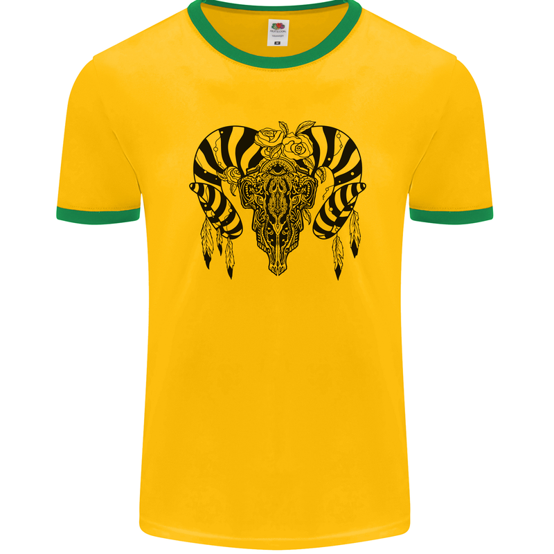 Tribal Bull Skull Buffalo Mens Ringer T-Shirt FotL Gold/Green