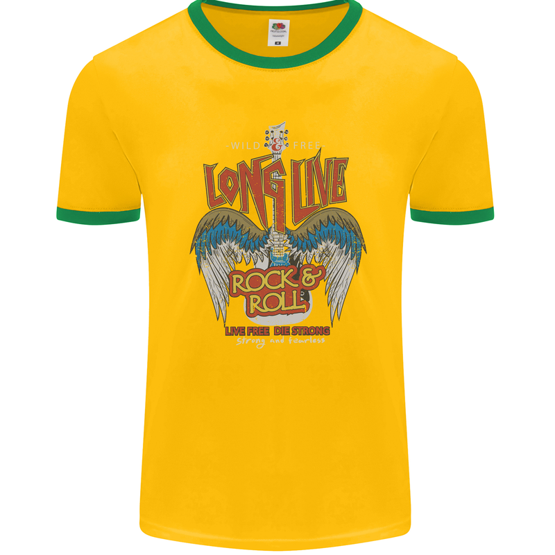 Long Live Rock n Roll Heavy Metal Guitar Mens Ringer T-Shirt FotL Gold/Green