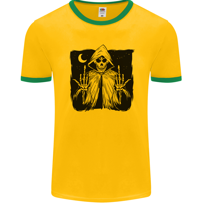 Grim Reaper Finger Flip Skull Biker Funny Mens Ringer T-Shirt FotL Gold/Green