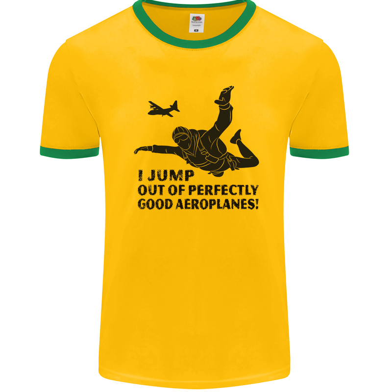 I Jump out of Good Aeroplanes Skydiving Mens Ringer T-Shirt FotL Gold/Green