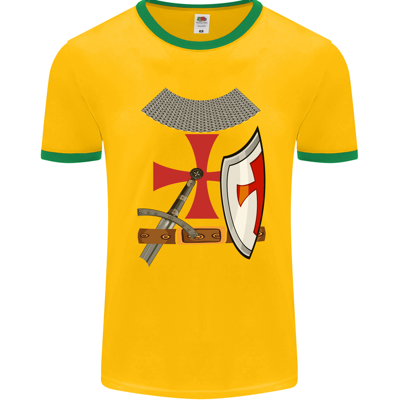 Knights Templar Fancy Dress St Georges Day Mens Ringer T-Shirt FotL Gold/Green