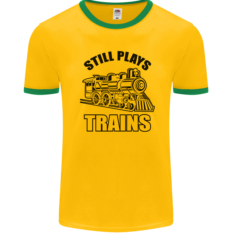 Still Plays With Trains Spotter Spotting Mens Ringer T-Shirt FotL Gold/Green