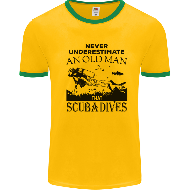 An Old Man That Scuba Dives Diver Dive Mens White Ringer T-Shirt Gold/Green