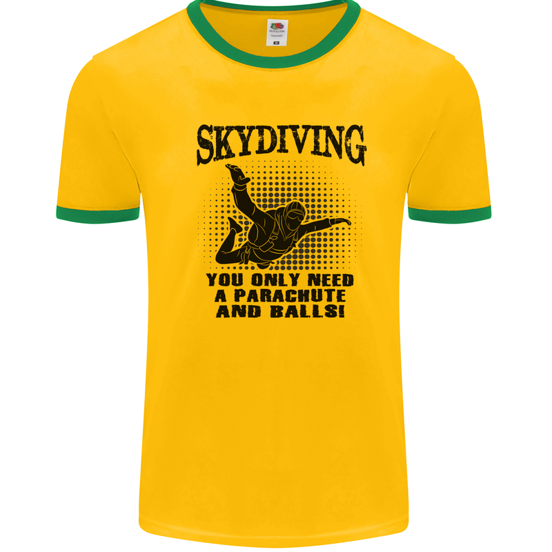 Skydiving Parachute & Balls Skydiver Funny Mens White Ringer T-Shirt Gold/Green