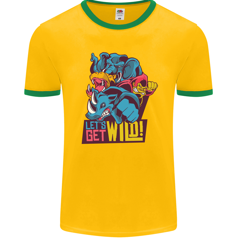 Lets Get Wild Rhino Gorilla Elephant Hippo Mens Ringer T-Shirt FotL Gold/Green