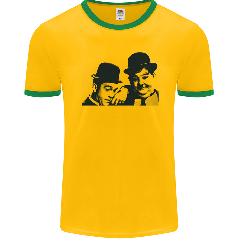 Laurel & Hardy AKA Dick and Doof Mens Ringer T-Shirt FotL Gold/Green