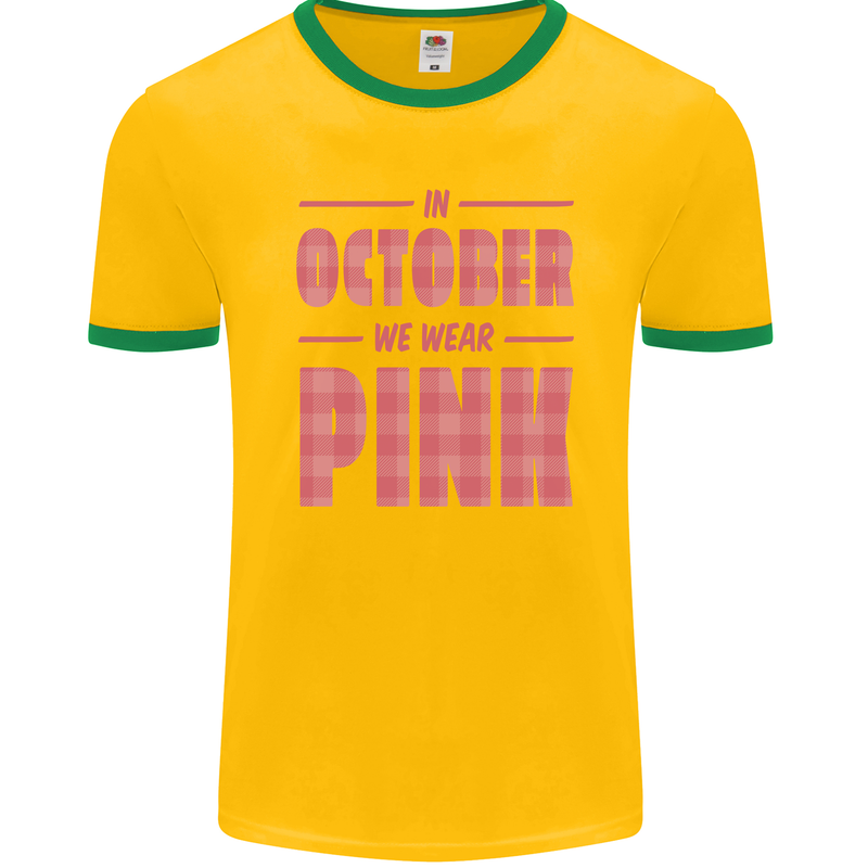 Breast Cancer Awareness In October Pink Mens Ringer T-Shirt FotL Gold/Green