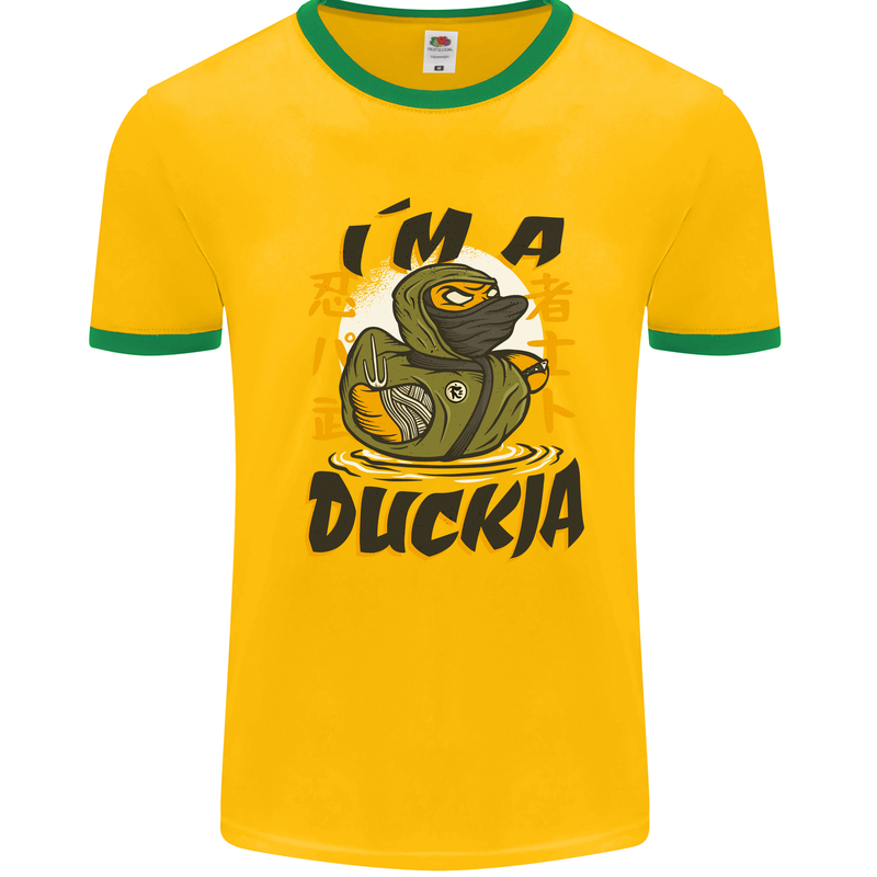 I'm a Duckja Funny Duck Ninja Mens White Ringer T-Shirt Gold/Green