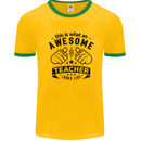 Awesome Teacher Looks Like Teaching Funny Mens White Ringer T-Shirt Gold/Green