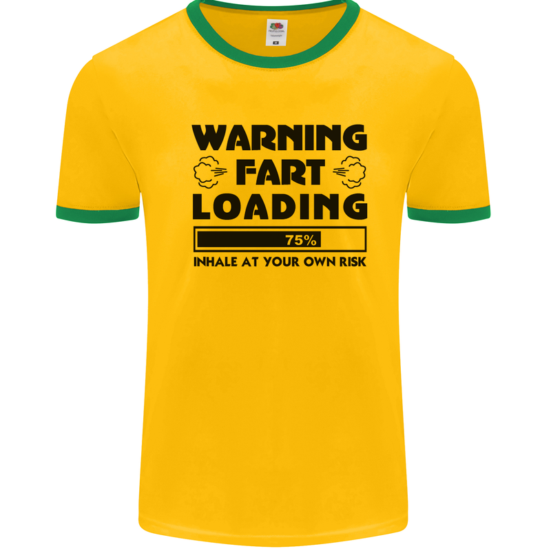 Warning Fart Loading Funny Farting Rude Mens White Ringer T-Shirt Gold/Green