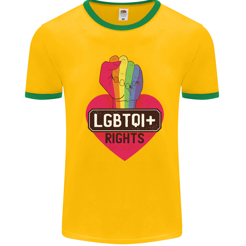 LGBTQI+ Rights Gay Pride Awareness LGBT Mens White Ringer T-Shirt Gold/Green