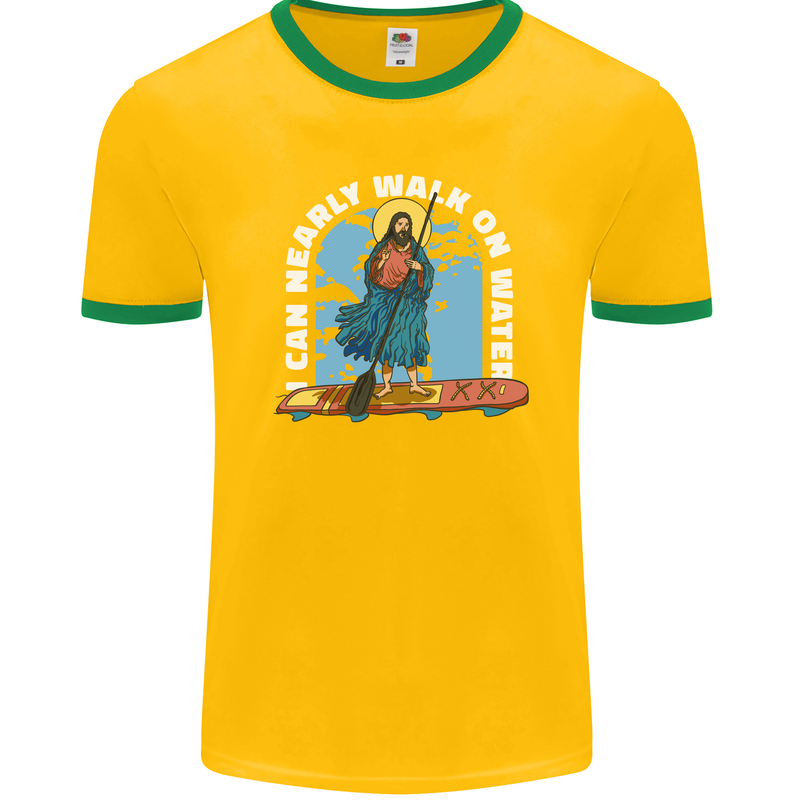 Funny Paddleboarder Jesus Paddleboarding Mens Ringer T-Shirt FotL Gold/Green