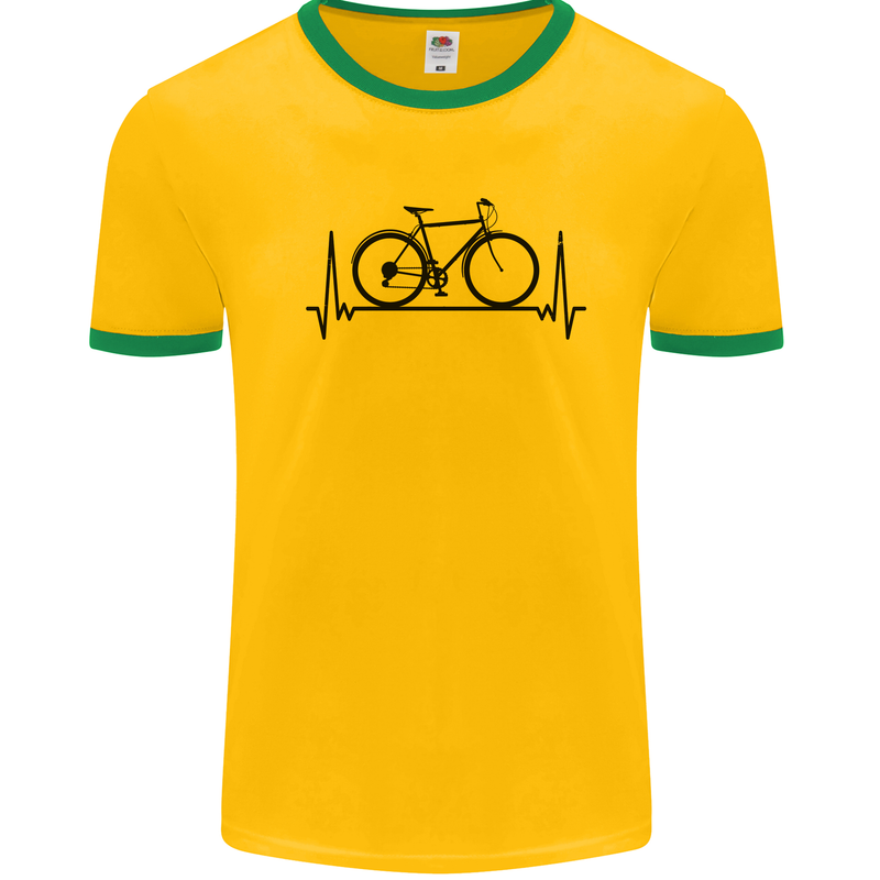 Cycling Heart Beat Bike Bicycle Cyclist ECG Mens White Ringer T-Shirt Gold/Green