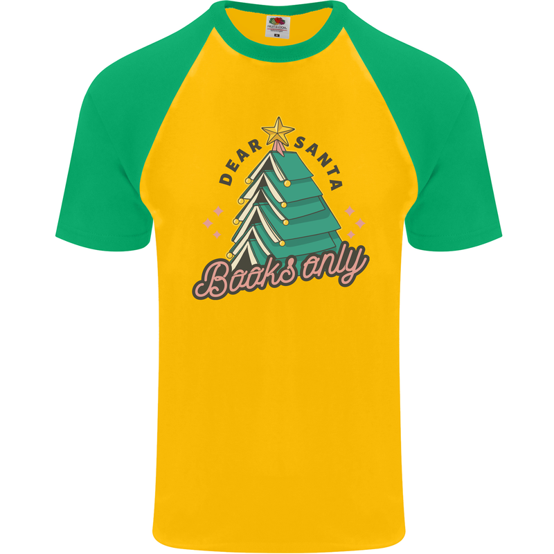 Books Only Christmas Tree Funny Bookworm Mens S/S Baseball T-Shirt Gold/Green