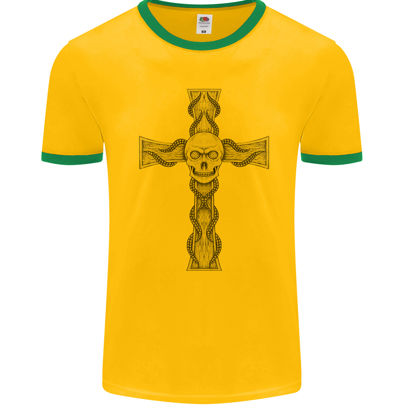 A Gothic Skull and Tentacles on a Cross Mens Ringer T-Shirt FotL Gold/Green