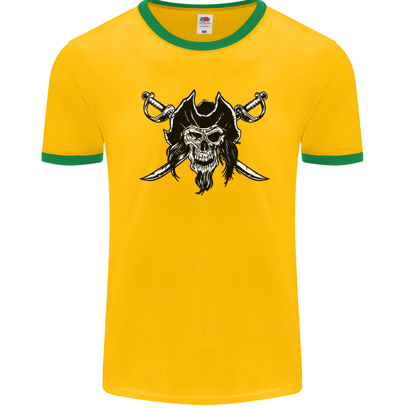 Pirate & Swords Skull Captain Jolly Roger Mens Ringer T-Shirt FotL Gold/Green