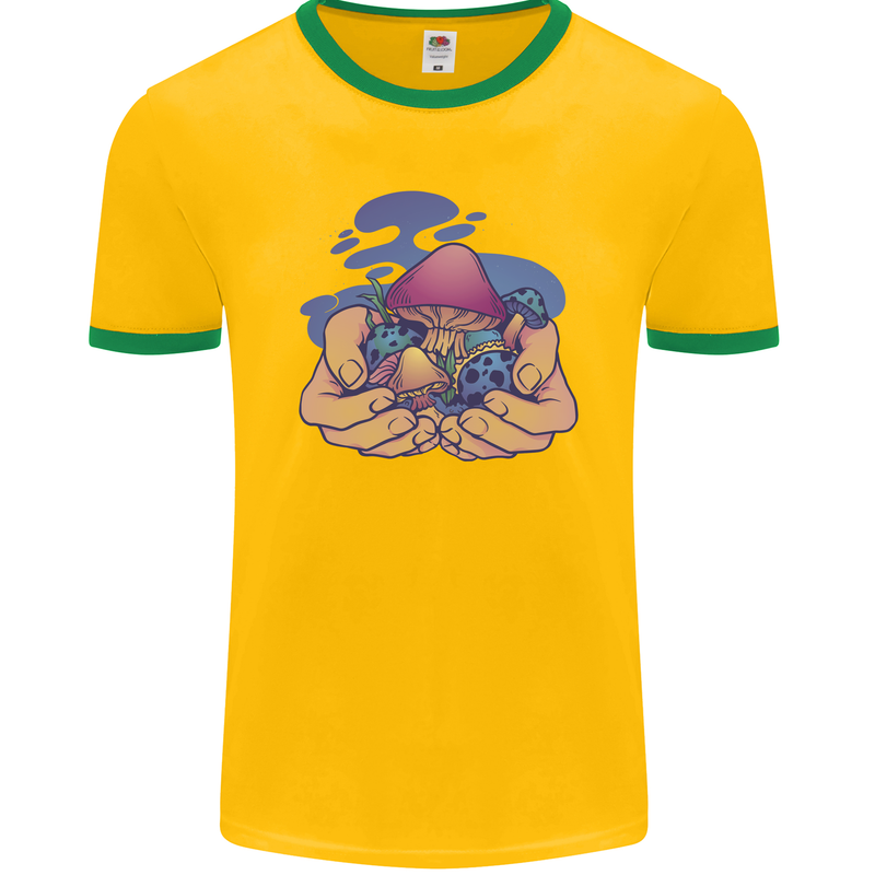 Magic Mushroom Hands Mycology Trippy Mens Ringer T-Shirt FotL Gold/Green