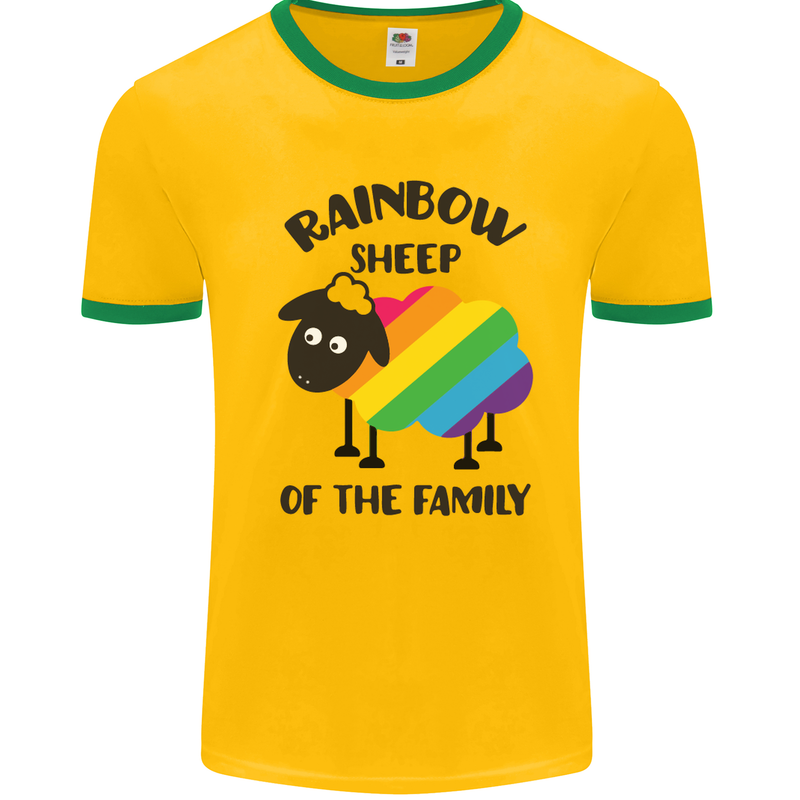 Rainbow Sheep Funny Gay Pride Day LGBT Mens White Ringer T-Shirt Gold/Green