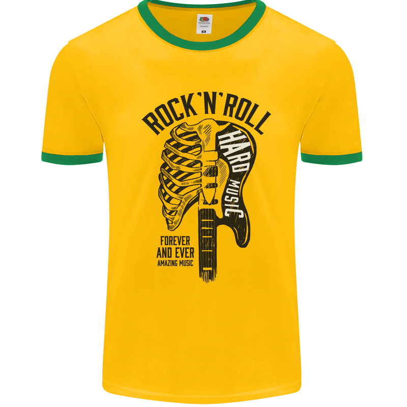 Rock N Roll Forever and Ever Guitar Mens White Ringer T-Shirt Gold/Green