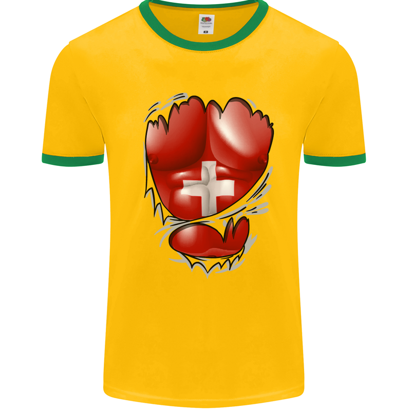 Gym Swiss Flag Ripped Muscles Switzerland Mens White Ringer T-Shirt Gold/Green