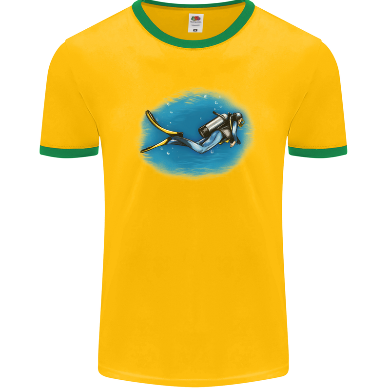 Ocean Scuba Diver Scuba Diving Mens Ringer T-Shirt FotL Gold/Green